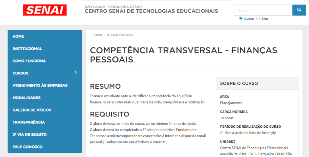 Curso do SENAI sobre finanças