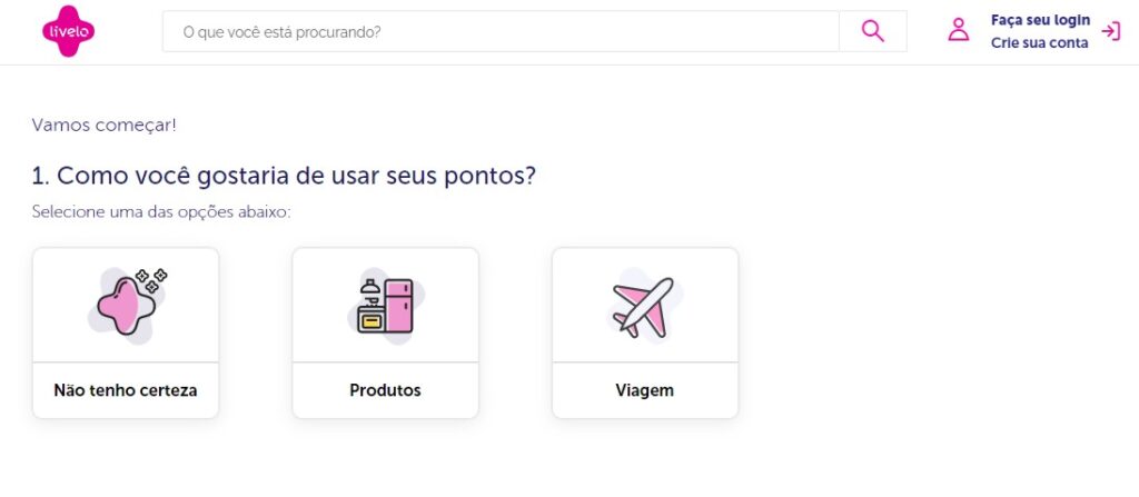 Captura de tela da primeira pergunta do simulador de pontos da Livelo. 